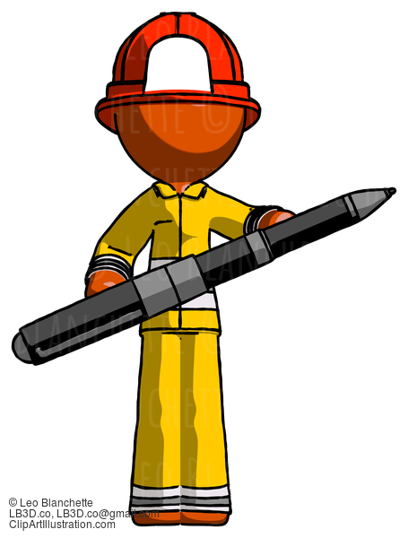 Orange Firefighter Fireman Man Posing Confidently With Giant Pen #12268