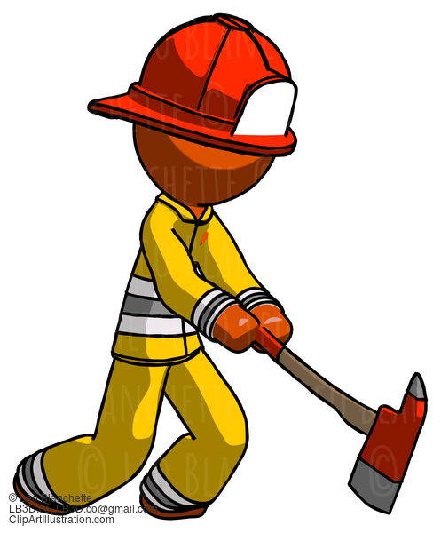 Orange Firefighter Fireman Man Striking With A Red Firefighter’S Ax #12271