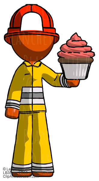 Orange Firefighter Fireman Man Presenting Pink Cupcake To Viewer #12273