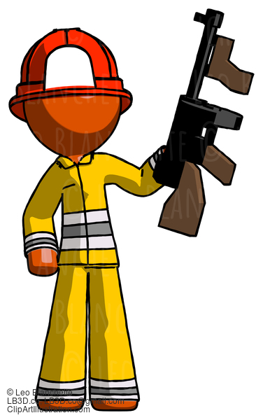 Orange Firefighter Fireman Man Holding Tommygun #12274