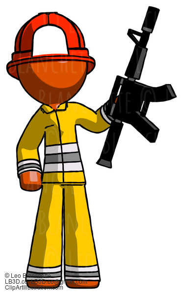 Orange Firefighter Fireman Man Holding Automatic Gun #12281