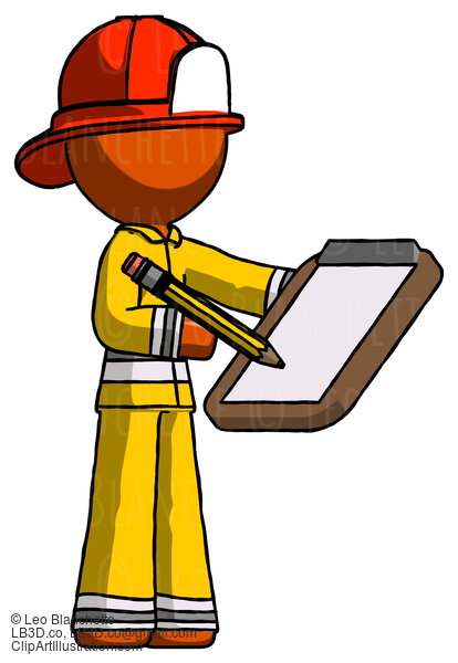 Orange Firefighter Fireman Man Using Clipboard And Pencil #12287