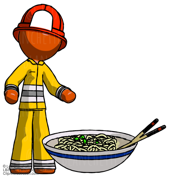 Orange Firefighter Fireman Man And Noodle Bowl, Giant Soup Restaraunt Concept #12288