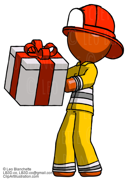 Orange Firefighter Fireman Man Presenting A Present With Large Red Bow On It #12289