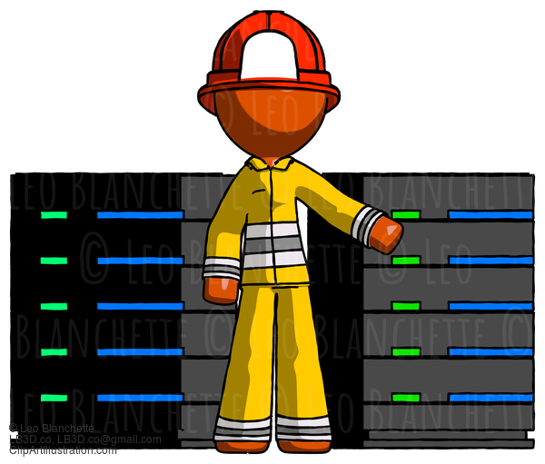 Orange Firefighter Fireman Man With Server Racks, In Front Of Two Networked Systems #12290