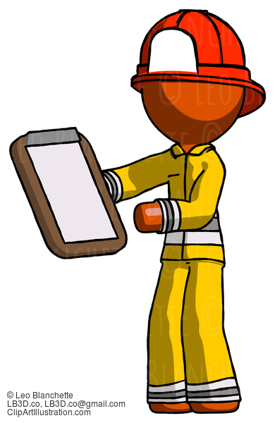 Orange Firefighter Fireman Man Reviewing Stuff On Clipboard #12292