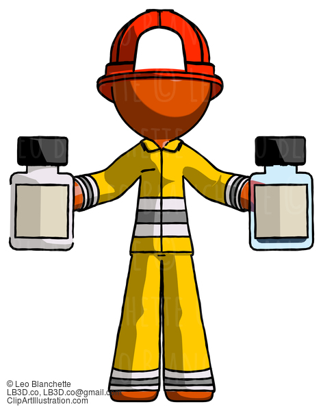 Orange Firefighter Fireman Man Holding Two Medicine Bottles #12294