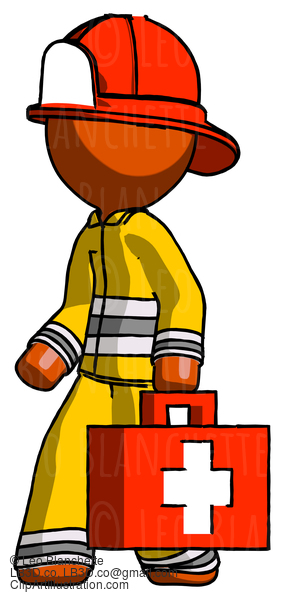 Orange Firefighter Fireman Man Walking With Medical Aid Briefcase To Left #12298