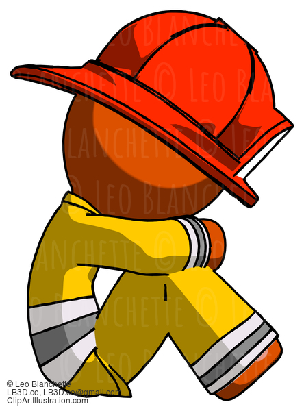 Orange Firefighter Fireman Man Sitting With Head Down Facing Sideways Right #12299