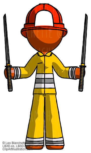 Orange Firefighter Fireman Man Posing With Two Ninja Sword Katanas Up #12300