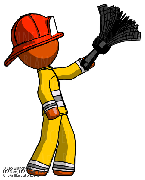 Orange Firefighter Fireman Man Dusting With Feather Duster Upwards #12301