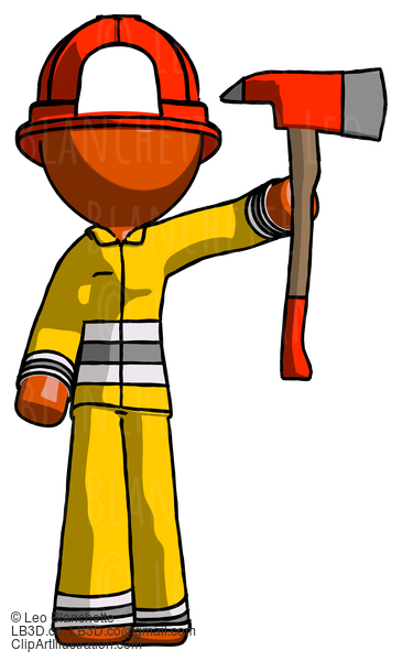 Orange Firefighter Fireman Man Holding Up Red Firefighter’S Ax #12303