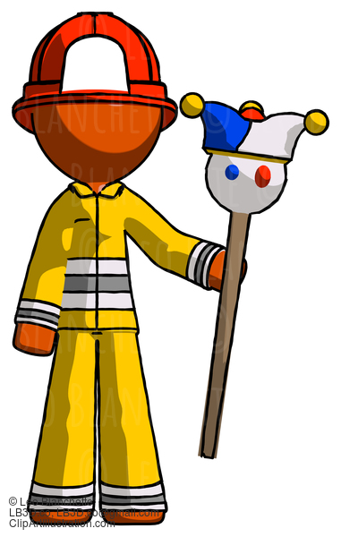 Orange Firefighter Fireman Man Holding Jester Staff #12306