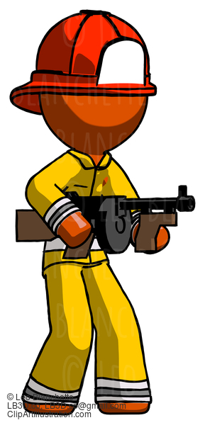 Orange Firefighter Fireman Man Tommy Gun Gangster Shooting Pose #12307