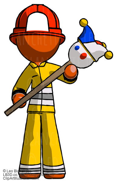 Orange Firefighter Fireman Man Holding Jester Diagonally #12310