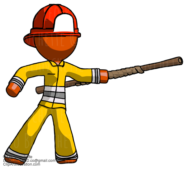 Orange Firefighter Fireman Man Bo Staff Pointing Right Kung Fu Pose #12311