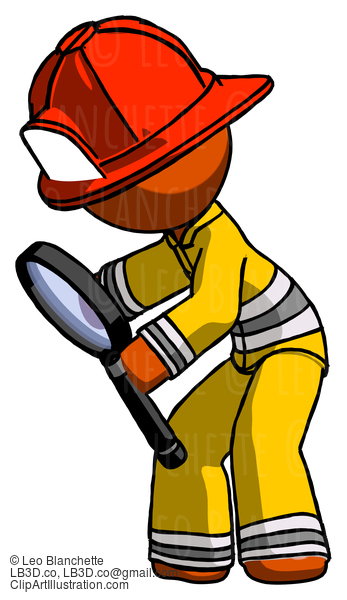 Orange Firefighter Fireman Man Inspecting With Large Magnifying Glass Left #12312