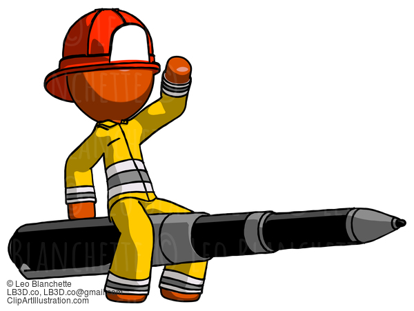 Orange Firefighter Fireman Man Riding A Pen Like A Giant Rocket #12313