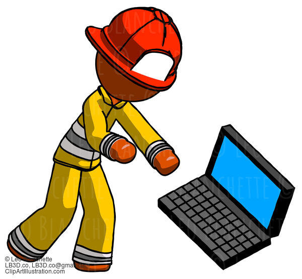 Orange Firefighter Fireman Man Throwing Laptop Computer In Frustration #12319