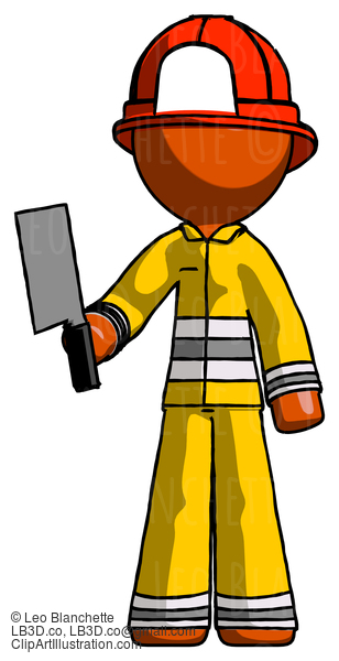 Orange Firefighter Fireman Man Holding Meat Cleaver #12320