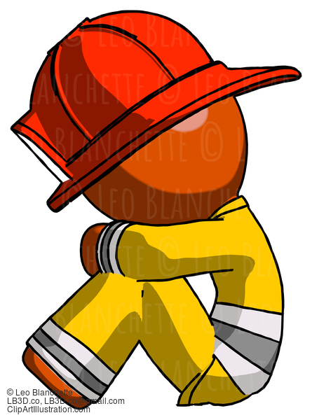 Orange Firefighter Fireman Man Sitting With Head Down Facing Sideways Left #12321