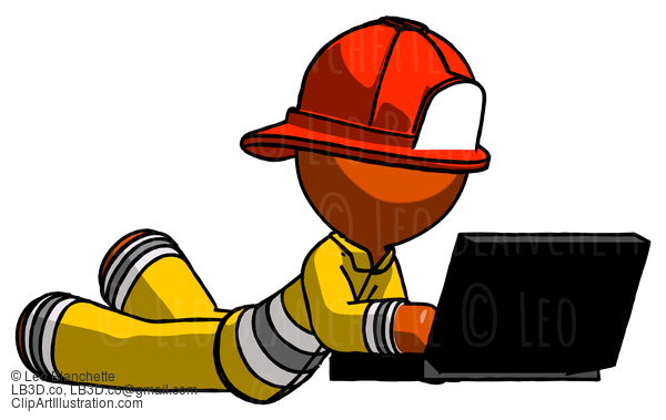 Orange Firefighter Fireman Man Using Laptop Computer While Lying On Floor Side Angled View #12322