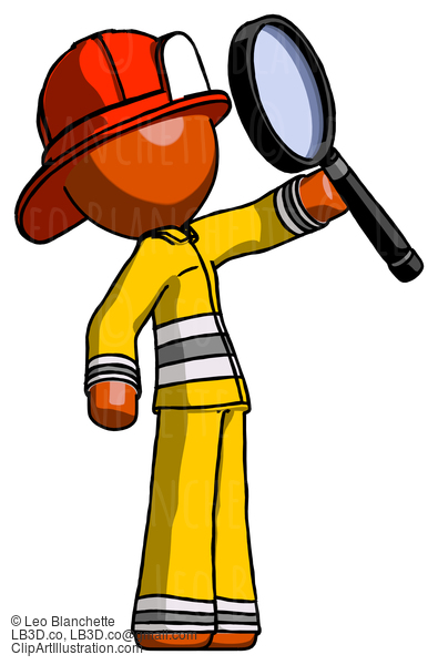 Orange Firefighter Fireman Man Inspecting With Large Magnifying Glass Facing Up #12324