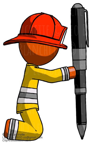 Orange Firefighter Fireman Man Posing With Giant Pen In Powerful Yet Awkward Manner. #12326