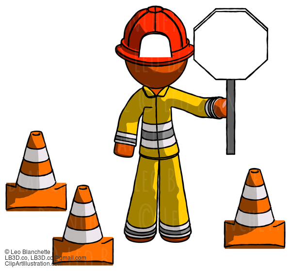 Orange Firefighter Fireman Man Holding Stop Sign By Traffic Cones Under Construction Concept #12332