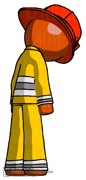 Orange Firefighter Fireman Man Depressed With Head Down, Back To Viewer, Right #12335