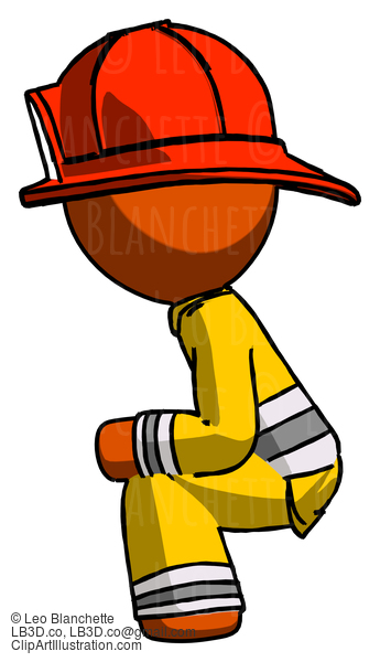 Orange Firefighter Fireman Man Squatting Facing Left #12338