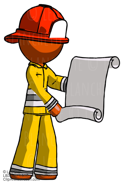 Orange Firefighter Fireman Man Holding Blueprints Or Scroll #12339