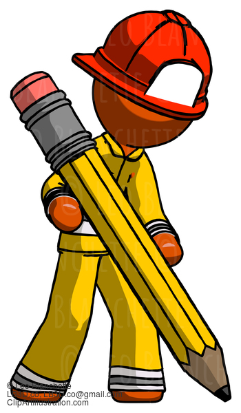 Orange Firefighter Fireman Man Writing With Large Pencil #12342