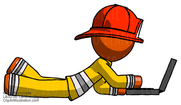 Orange Firefighter Fireman Man Using Laptop Computer While Lying On Floor Side View #12343