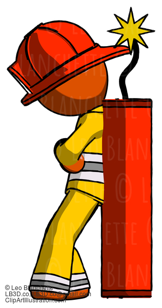 Orange Firefighter Fireman Man Leaning Against Dynimate, Large Stick Ready To Blow #12346