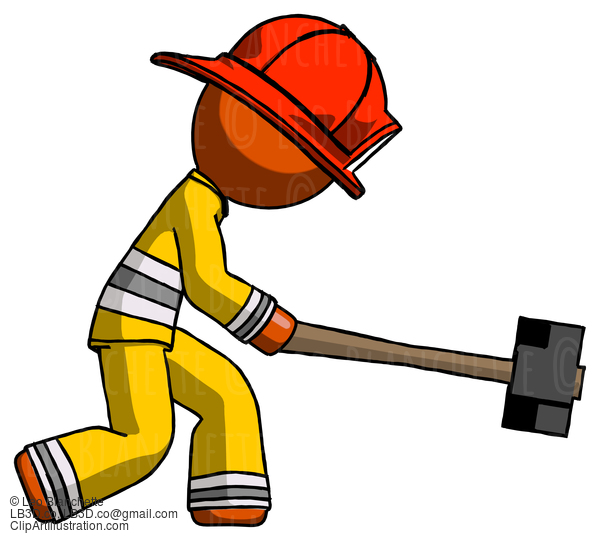 Orange Firefighter Fireman Man Hitting With Sledgehammer, Or Smashing Something #12348