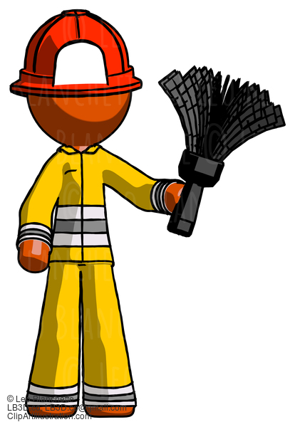 Orange Firefighter Fireman Man Holding Feather Duster Facing Forward #12349