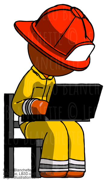 Orange Firefighter Fireman Man Using Laptop Computer While Sitting In Chair Angled Right #12353