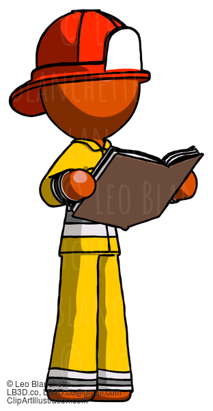 Orange Firefighter Fireman Man Reading Book While Standing Up Facing Away #12354