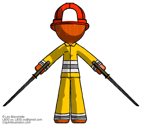 Orange Firefighter Fireman Man Posing With Two Ninja Sword Katanas #12355