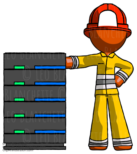 Orange Firefighter Fireman Man With Server Rack Leaning Confidently Against It #12359