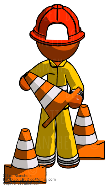 Orange Firefighter Fireman Man Holding A Traffic Cone #12367