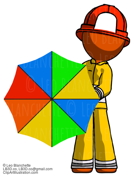 Orange Firefighter Fireman Man Holding Rainbow Umbrella Out To Viewer #12368