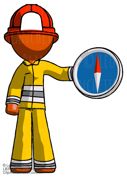 Orange Firefighter Fireman Man Holding A Large Compass #12372