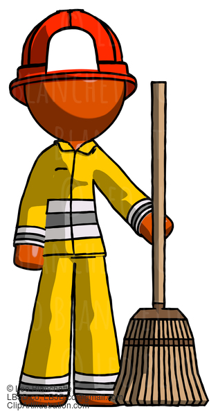 Orange Firefighter Fireman Man Standing With Broom Cleaning Services #12374