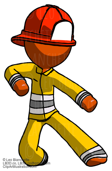 Orange Firefighter Fireman Man Karate Defense Pose Right #12377