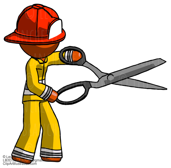 Orange Firefighter Fireman Man Holding Giant Scissors Cutting Out Something #12378