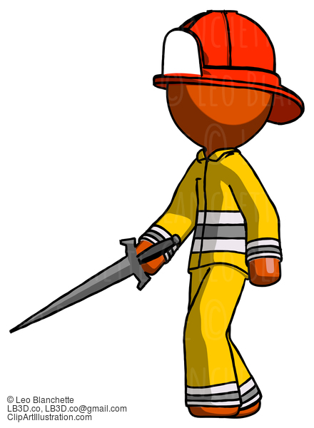 Orange Firefighter Fireman Man With Sword Walking Confidently #12383