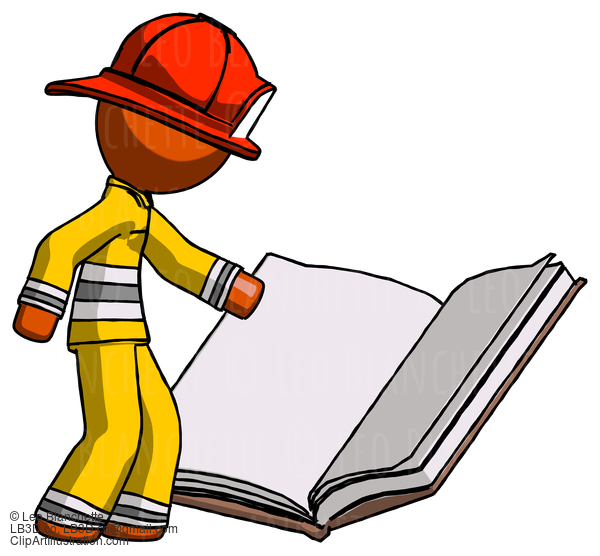 Orange Firefighter Fireman Man Reading Big Book While Standing Beside It #12384