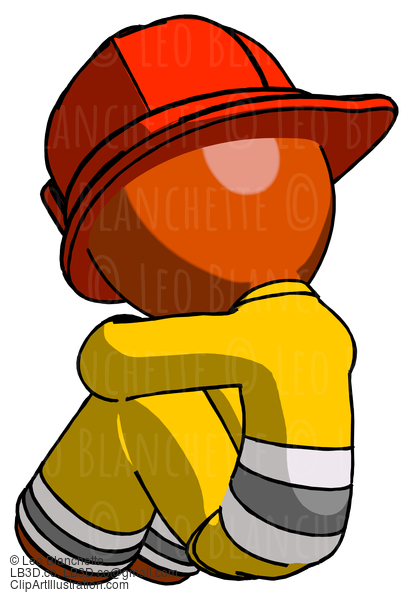 Orange Firefighter Fireman Man Sitting With Head Down Back View Facing Left #12385